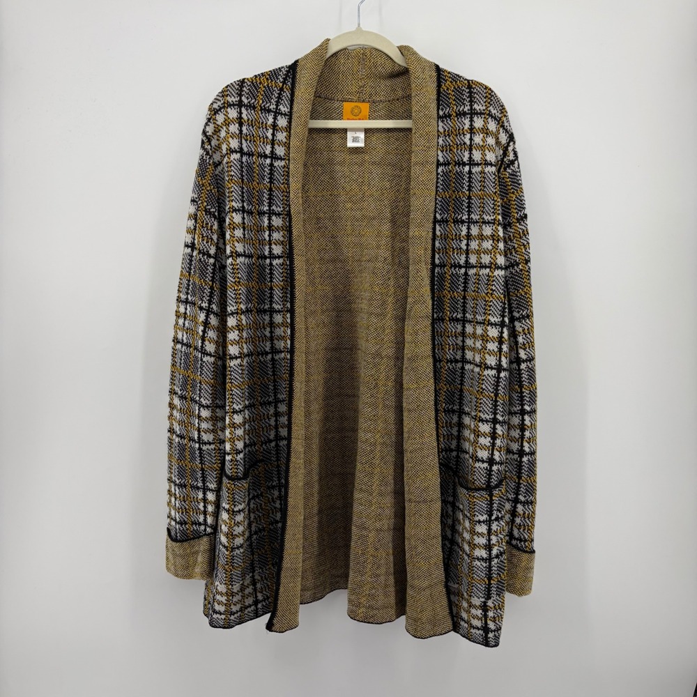Ruby Rd Womens L Black Mustard Yellow Plaid Open Front Cardigan Sweater Pockets